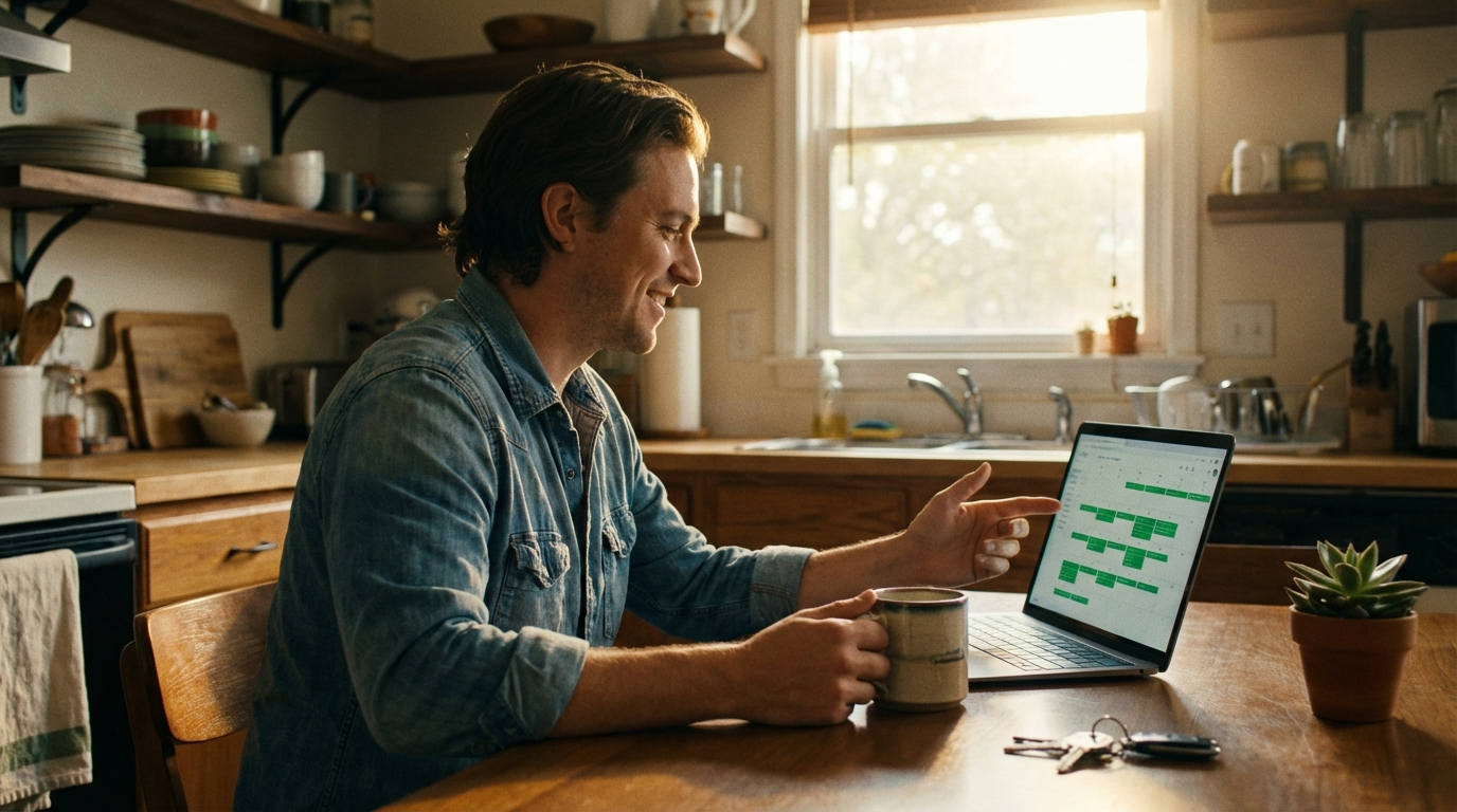 Airbnb host smiling while checking a full booking calendar on their laptop in a warm kitchen